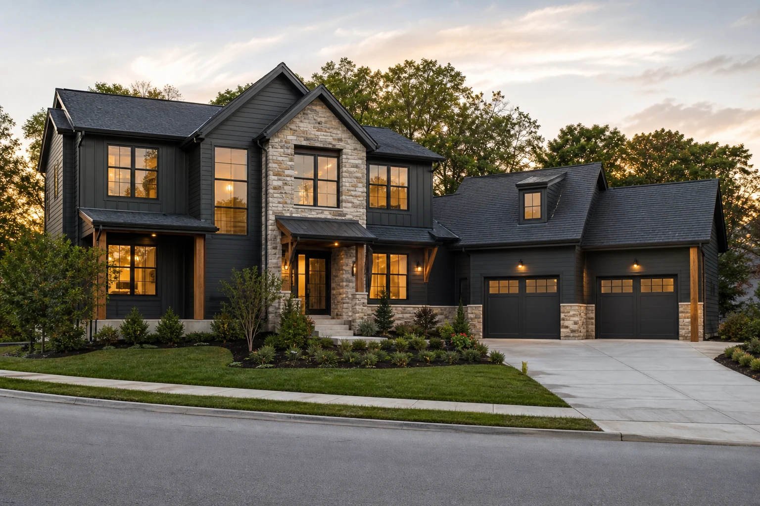 Completed transitional home exterior construction visualization