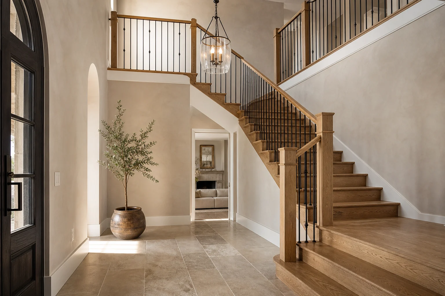 Concept visualization of a white oak foyer and staircase